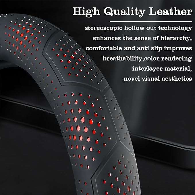 Car Leather Steering Wheel Cover - Panapi Material, Universal 14.5-15 Inch Leather Anti-Slip Breathable Auto Steering Wheel Covers for Men Women (Wave Point-Red)