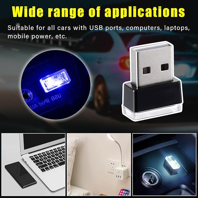 4 PCS USB LED Car Interior Atmosphere Lamp, Plug-in USB Decor Night Light, Portable Auto Ambient Lighting Kit, Universal Vehicle Interior Accessories for Most Cars (White & Blue)