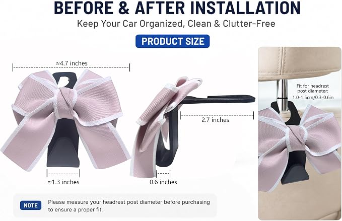 2 Pack Car Purse Hooks, Cute Bow Car Seat Headrest Hook Hanger for Purses and Bags (pink)