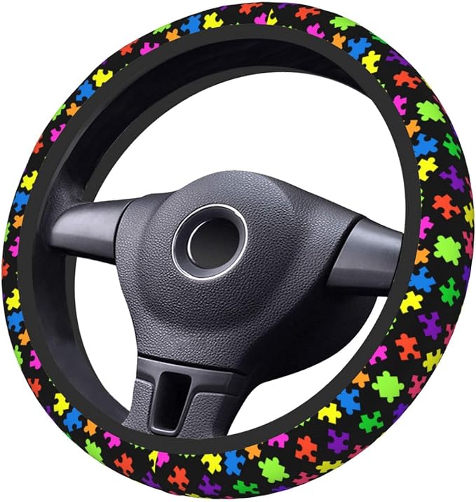 Elastic Puzzle Pieces Neoprene Car Steering Wheel Cover Protector Upgrade Thicken,Autism Awareness Colorful,Anti Slip Soft Car Accessories for Diverse Cars Truck SUV for Men Women Universal 15 Inch