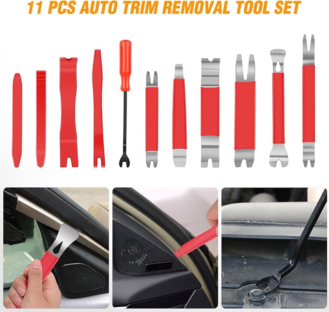 11PCS Trim Removal Tool Kit, Metal & Nylon Pry Tools Set for Car Door Panel, Dashboard, Audio, Clips, Fastener Remover w/Storage Box – Red