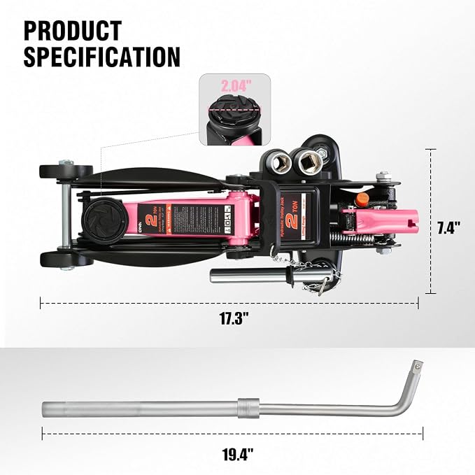 DNA Motoring Floor Jack with Socket and Lock, Low Profile Hydraulic Trolley Jack for Cars Lift, 2 Ton (4000 lbs) Capacity, Lifting Range 5.12"-13", Pink, TOOLS-00677-PK