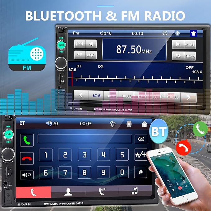 Car Stereo Double Din Car Radio 7 Inch MP5 Player with HD Touch Screen Digital Display Bluetooth Multimedia Support PhoneLink USB SD Aux-in 2 Din Autoradio with Backup Camera