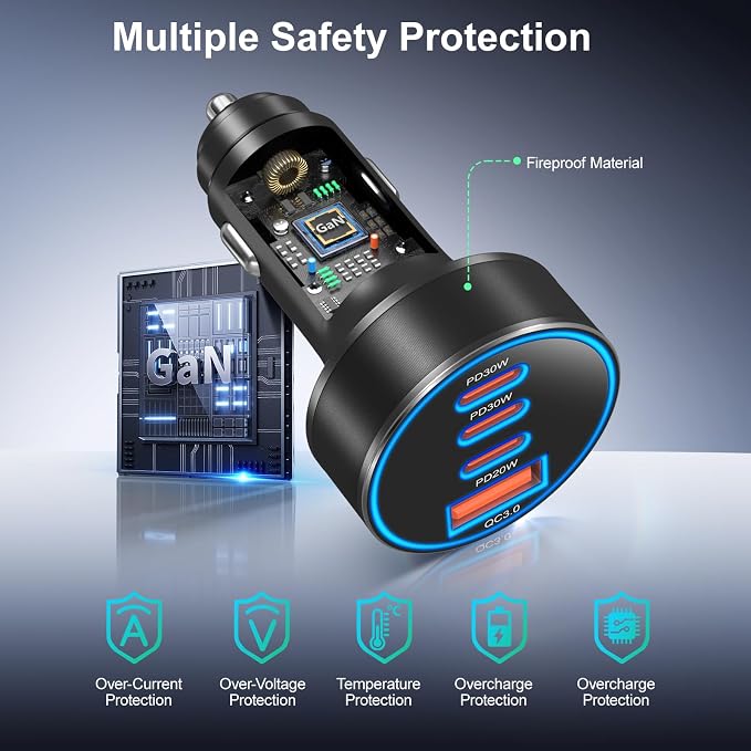 USB-C Car Charger, 2 Pack 4-Port 98W Car Charger USB C Fast Charger,3 USB-C & USB-A Car Cigarette Lighter USB Charger Fast Charging for iPhone 17/16/15/14 Series,iPad Pro,Galaxy S26/S25 Ultra,Pixel
