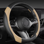 Faux Leather Steering Wheel Cover and Waterproof Car Floor Mats,Universal Car Combo Fit for 95% Sedan,SUV,Cars,14.5-15inch Sporty Anti-Slip Safety Comfortable Design(Black＆Beige)