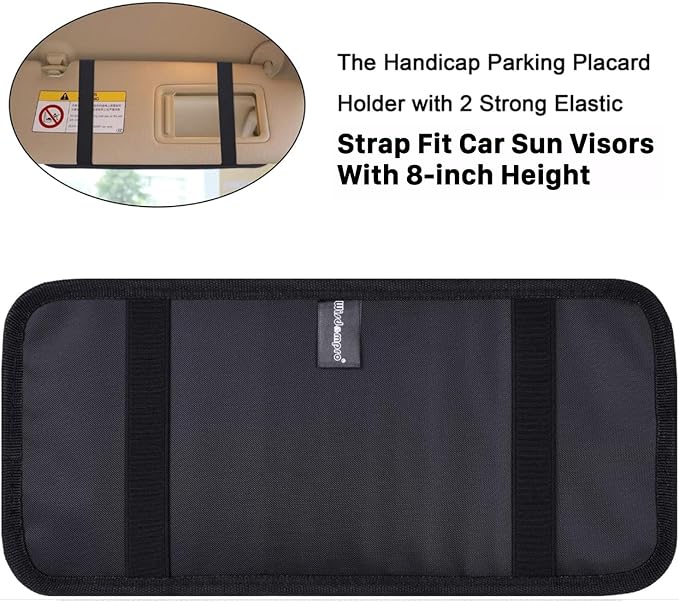 Handicap Placard Holder for Auto, Disabled Parking Permit Sign Protector for Car Sun Visor with Note Paper Slot, Pen Holder and Elastic Strap - Black