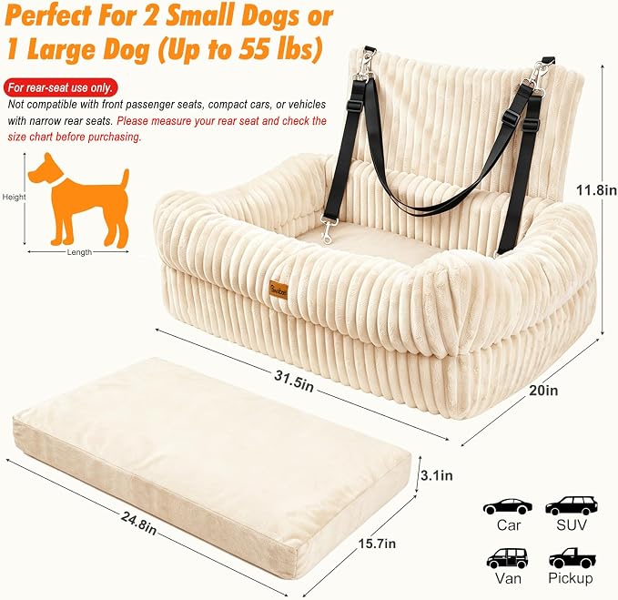 Dog Car Seat, Dog Booster Car Seats with Memory Foam, Thickened Cushion & Washable Removable Cover, Pet Travel Carseat Bed with Safety Leashes for Medium/Large Dogs or 2 Small Dogs, Beige