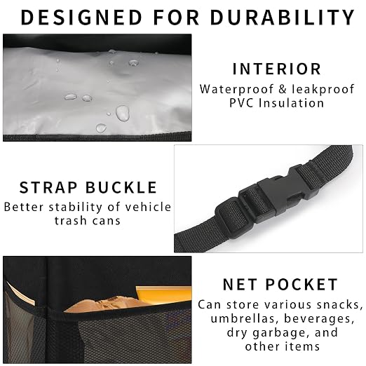 Hanging Car Trash Can with 4 Storage Pockets, Waterproof Leakproof Oxford Auto Garbage Bag, Adjustable Garbage Bag, Foldable Car Trash Bin Fit for Truck, SUV, Home, Office
