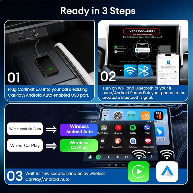 5.0 Android Auto & Wireless CarPlay Adapter,Plug & Plug, Two Channel Connection, Online Update,for Cars with OEM Android Auto & Wired CarPlay (2016-2026), 10s Auto-Connect