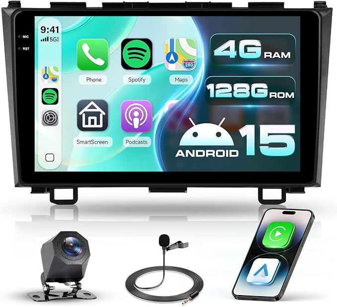 Android15.0 4G+128G Car Radio Stereo for Honda CRV 2007-2011 with Wireless CarPlay Android Auto, 9 Inch in-Cell Touch Screen GPS WiFi Bluetooth EQ SWC FM Radio HD Backup Camera