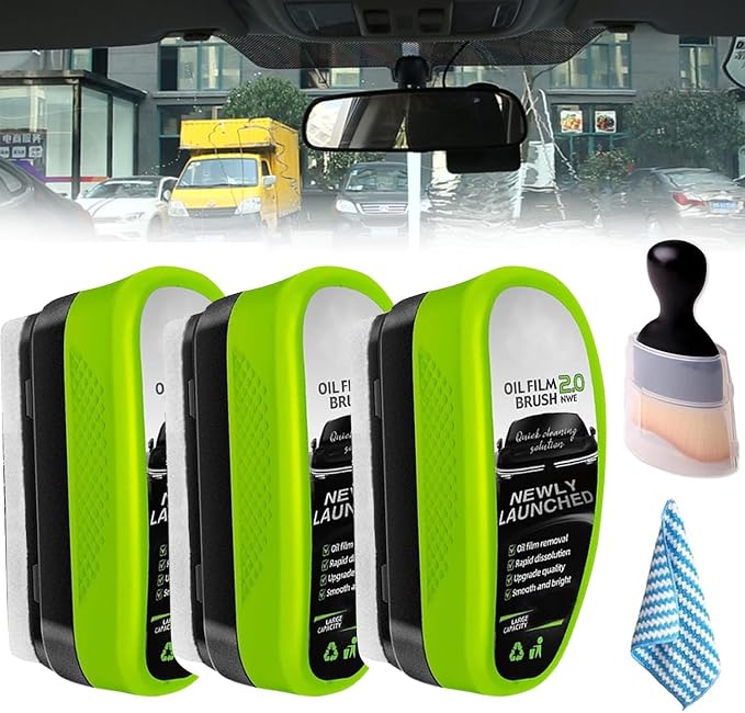 3PCS Car Window Oil Film Cleaning Brush, 2026 Upgrade 2.0 Clear View Glass Cleaner, Auto Glass Oil Film Remover, Anti-Rain & Anti-Fog Protection for Safe Driving, Complete Kit with Brush & Towel