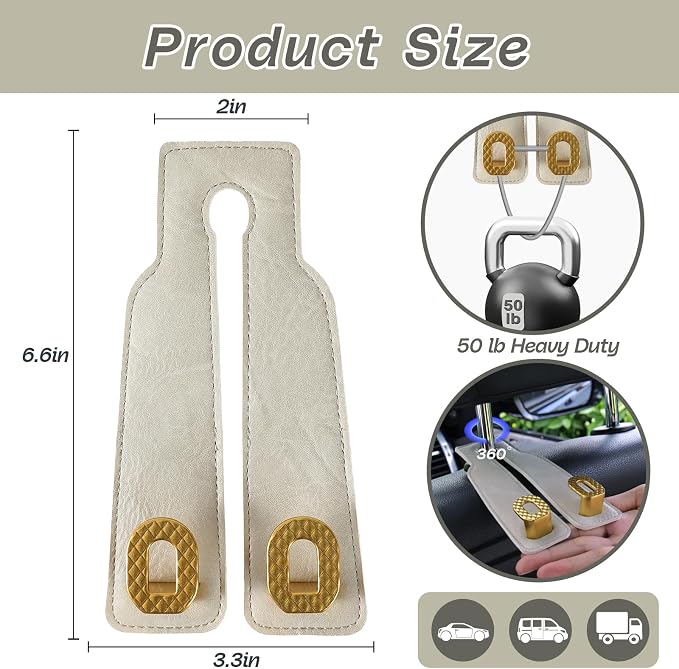 Car Headrest Hooks Universal Car Purse Hook Premium Leather and Alloy Twin Hook Car Seat Back Storage Hanger Hook for Purse Bags Cloth Drink Durable Holder Car Accessories (BH09-White-Gold-4 Pcs)