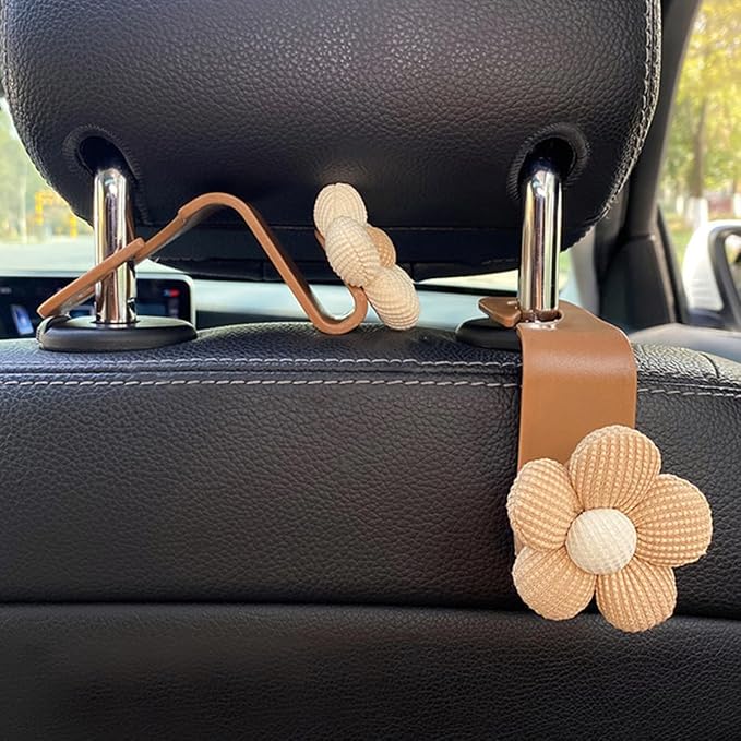 4PCS Car Headrest Hooks, Cute Flower Vehicle Seat Organizer Hooks for Purses and Bags, Portable Automotive Purse Hanger Holder Decoration, Universal for SUV, Sedan, Truck (Beige/Brown)