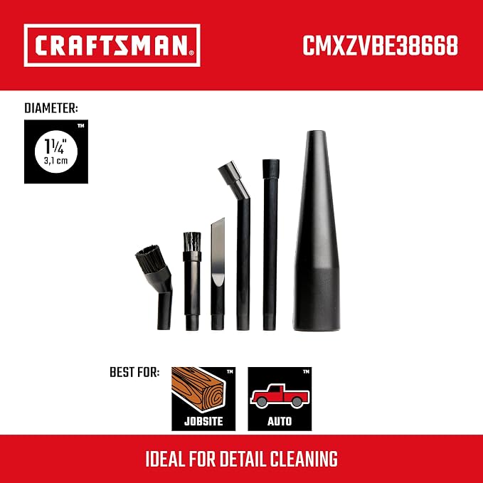 CMXZVBE38668 1-1/4 in. 6-Piece Micro-Cleaning Vac Attachment Kit | Industrial-Grade Shop Vacuum Accessories for Intricate and Detail Cleaning, Fits 1-1/4 in. Hose Diameter