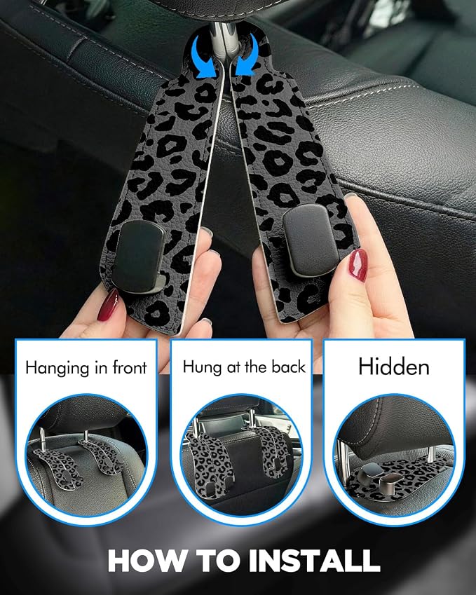 Purse Holder for Car, 2 Pack Heavy Duty Purse Hanger for Car, PU Leather Car Seat Hooks for Purses and Bags, Cute Leopard Print Headrest Organizer for Handbags & Backpacks