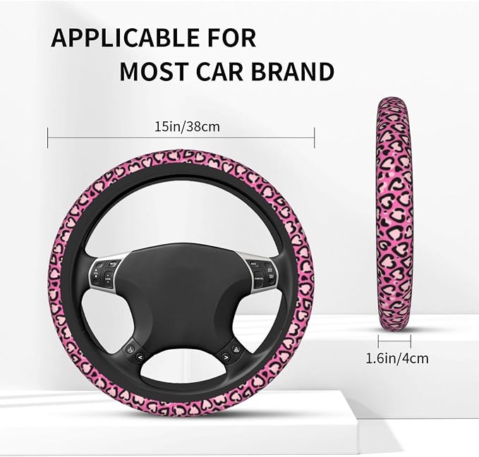 Pink Leopard Pattern Steering Wheel Cover 15 Inch Cheetah Steering Wheel Cover Anti-Slip Universal Pink Leopard 2 Pcs Car Interior Cup Holder Pad for Men Women