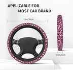 Pink Leopard Pattern Steering Wheel Cover 15 Inch Cheetah Steering Wheel Cover Anti-Slip Universal Pink Leopard 2 Pcs Car Interior Cup Holder Pad for Men Women