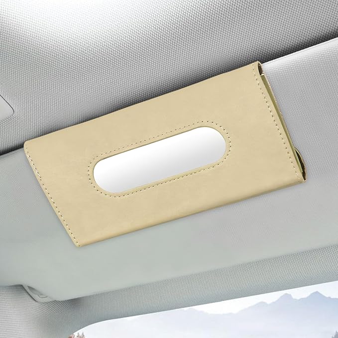 Car Tissue Holder, Auto Sun Visor Napkin Holder Hanging Paper Towel Dispenser with Tissue Refill, Premium Leather Napkin Case Mask Organizer for Backseat & Visor, Car Accessories (Beige)