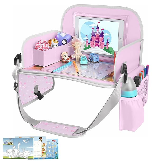 Kids Travel Tray for Toddler Car Seat, Toddler Gift for Girl Activities with Dry Erase Board & iPad Holder Stand,Road Trip Essentials Accessories Lap Tray for Girl as Birthday Gift,LightPurple
