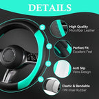 Faux Leather Steering Wheel Cover and Waterproof Car Floor Mats,Universal Car Combo Fit for 95% Sedan,SUV,Cars,14.5-15inch Sporty Anti-Slip Safety Comfortable Design(Black＆Mint)