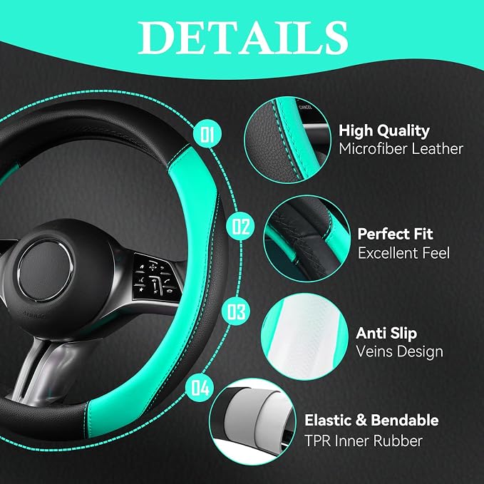 Faux Leather Steering Wheel Cover and Waterproof Car Floor Mats,Universal Car Combo Fit for 95% Sedan,SUV,Cars,14.5-15inch Sporty Anti-Slip Safety Comfortable Design(Black＆Mint)