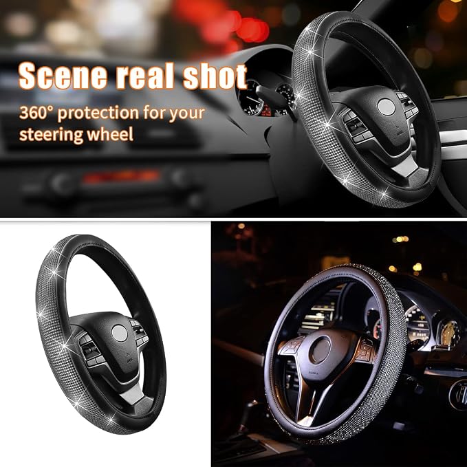 Steering Wheel Cover, Bling Crystal Rhinestones Auto Wheel Protector, Sparkly Cover Universal Fit Diverse 14.5-15 inch Steering Wheel, Interior Decor Car Accessories (Black)