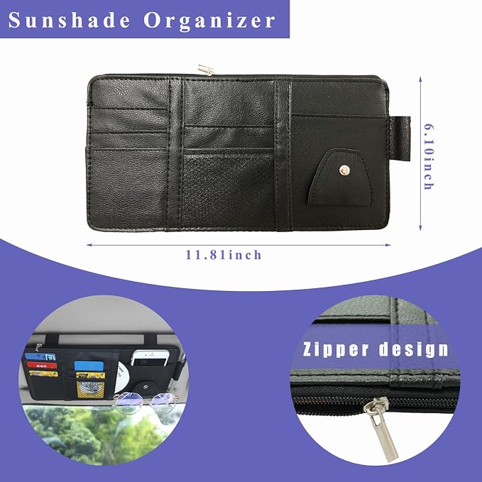 Car Sun Visor Organizer, Leather Multi-Pocket Auto Visor Storage Pocket Pouch Holder with Zipper, Vehicle Interior Accessories for Car Truck SUV Sun Visor Case Bag (Black)