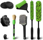 8PCS Ultimate Wheel and Tire Brush Kit | 2-Size 360° Bendable Rim Brushes, Boar Hair Detailing Brush, Tire Shine Applicators & Microfiber Towel | Complete Scratch-Free Cleaning & Shining Set