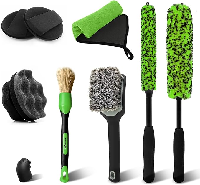 8PCS Ultimate Wheel and Tire Brush Kit | 2-Size 360° Bendable Rim Brushes, Boar Hair Detailing Brush, Tire Shine Applicators & Microfiber Towel | Complete Scratch-Free Cleaning & Shining Set