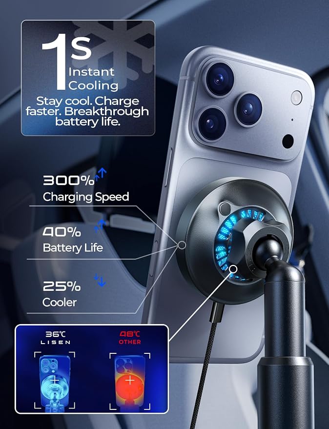 for Qi2.2 25W MagSafe Car Mount Charger Cup Holder Mount, [Designed for iPhone] Cooling Magnetic Wireless Car Charger, Cup Holder Phone Holders 25W for iPhone 17 16, 15W for iPhone 15 14 13 12