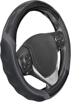 UltraSport Gray Carbon Fiber Steering Wheel Cover, Standard 15 inch Size, Black Faux Leather Comfort Grip, Car Steering Wheel Cover for Auto Truck Van SUV