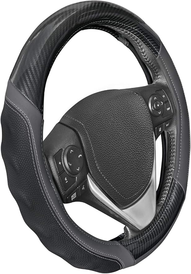 UltraSport Gray Carbon Fiber Steering Wheel Cover, Standard 15 inch Size, Black Faux Leather Comfort Grip, Car Steering Wheel Cover for Auto Truck Van SUV