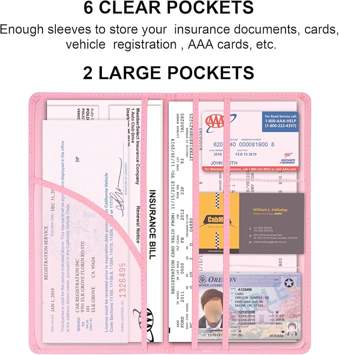 Car Registration and Insurance Holder, Car Accessories Vehicle Glove Box Car Organizer Women Car Accessories with Magnetic Shut for Cards, Essential Document, Driver License, Pink