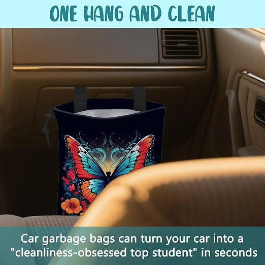 Car Garbage Bag Colorful Butterfly with Flowers Hanging Canvas Car Trash Bag Waterproof Drawstring Car Back Seat Organizer for Car Back Front Seat Console with Adjustable Buckle