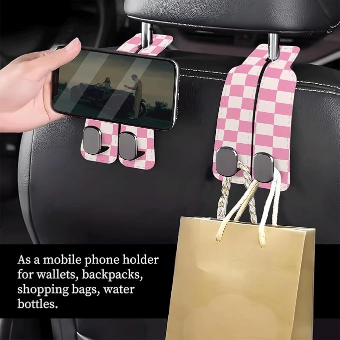 Car Seat Headrest Hook, Universal Leather Cute Hanger Holder Hook, Storage Organizer Interior Accessories for Purse Bags Handbag Cute Pink Checkerboard