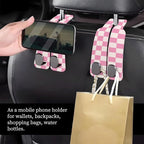 Car Seat Headrest Hook, Universal Leather Cute Hanger Holder Hook, Storage Organizer Interior Accessories for Purse Bags Handbag Cute Pink Checkerboard