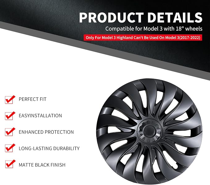 Wheel Cover for Tesla Model 3 Highland (2023-2025) Hubcaps 18 inch Hubcaps 4PCS Rim Covers Full Rims Matte Black Hub Cap ABS Replacement Model 3 Accessories