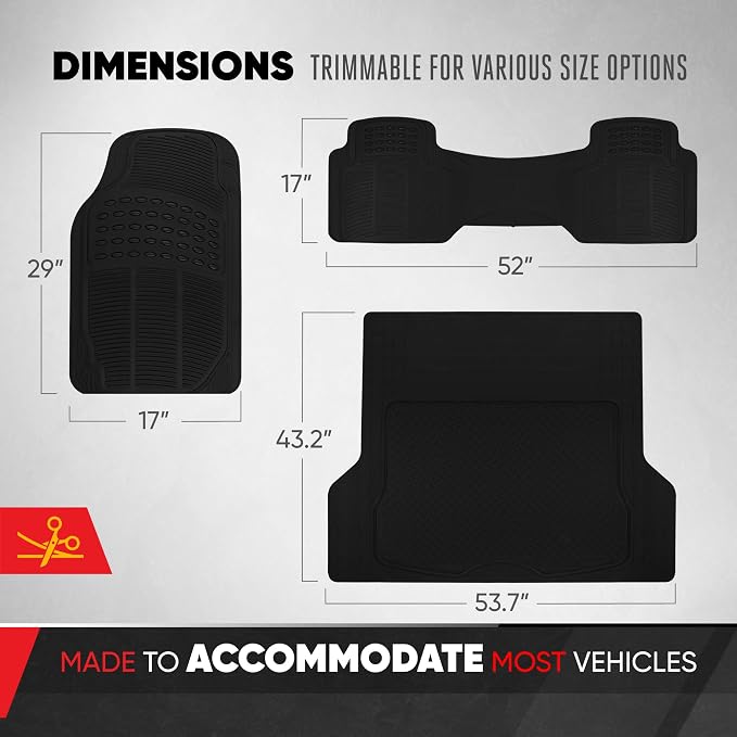 Proliner All Weather Rubber Auto Floor Mats and Trunk Cargo Liner - Front & Rear Heavy Duty Set Fit for Car SUV Van and Truck, Black, 4 Pieces (Trim to Fit)