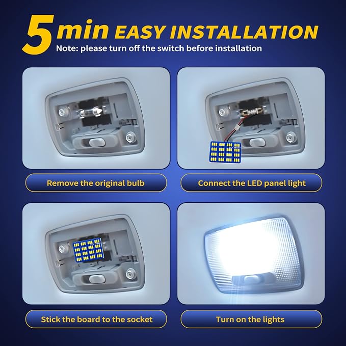 Car Interior LED Lights Accessories with 194 168 T10 / BA9S / DE3175 6418 211-2 578 Festoon Adapters, 48-SMD Panel Lamps for Dome Map Door Trunk Courtesy License Plate Lights (6000K White)