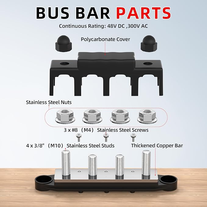 12V Bus Bar 250A Power Distribution Block Marine Busbar with 4 x M10 (3/8") Terminal Studs & 3 x #8 Screws Positive Negative for Automotive Boat RV Solar
