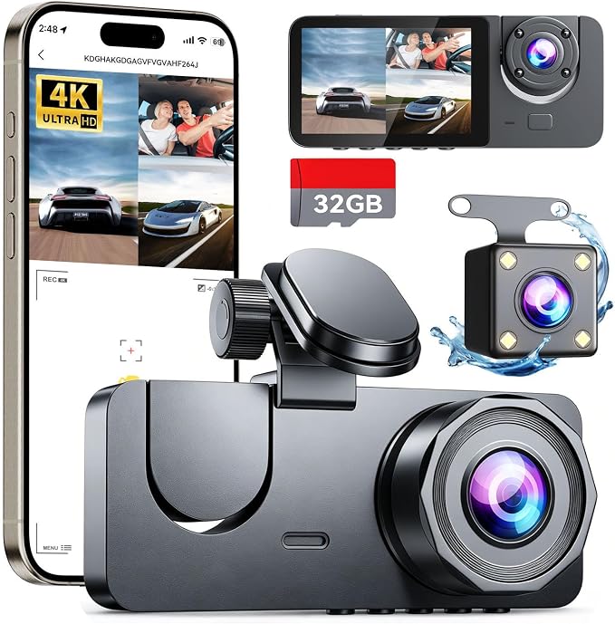 Dash Cam Front and Rear Inside, 3 Channel 4K+1080P Dash Camera for Cars, Free 32GB Card Included, App Control, 2” IPS Screen, G-Sensor, Loop Recording, Night Vision, 170°Wide Angle, Parking Monitor