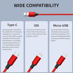 Multi Charging Cable, (2 Pack 4FT) Multi USB Charger Cable 3 in 1 Charging Nylon Braided Multi Charging Cord with Type-C, Micro USB, IP Port for Most Phones/iPhones/Tablets, Red