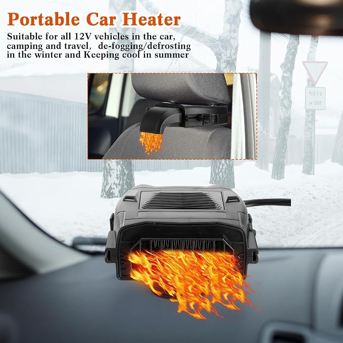 2 Pcs 12v 150w Car Heater for Vehicle Plugs into Cigarette Lighter with 360° Rotatable Base, 2 in 1 Portable Winter Windshield Defroster Electric Defogger Warmer for Car Suv Universal(Black)