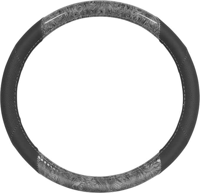 BurlwoodLux Wood Grain and PU Leather Gray Steering Wheel Cover - Sport Grip for Car Auto SUV Trucks