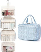 Travel Toiletry Bag for Women Large Hanging Makeup Bag Organizer Toiletries Bag for Full Size Essentials Accessories Cosmetics (Blue Flower Buds (Large))