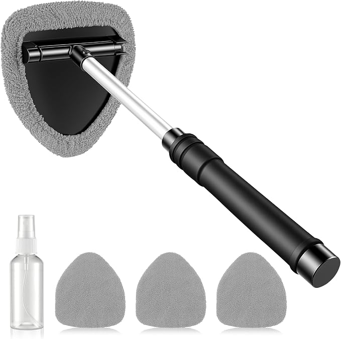 Windshield Cleaner Tool, Car Interior and Exterior Window Cleaning Kit with Extendable Handle & 4 Reusable Microfiber Pads, Auto Glass Wiper Brush Kit for Car & Home Windows (Grey)
