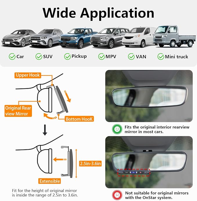 Rear View Mirror, 11.81 Inch Universal Panoramic Clear Rear Mirrors Convex Car Interior Clip on Extra Big Wide Angle Rearview Mirror Extender to Reduce Blind Spot for Car SUV Pickup Trucks