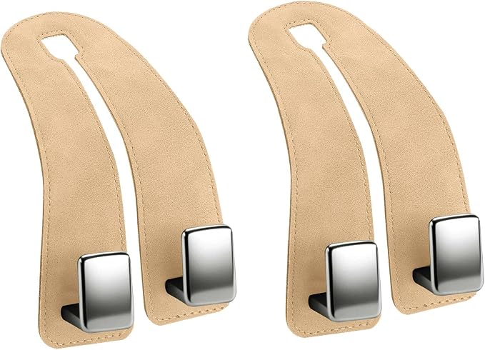 Car Headrest Hooks, Premium Suede with Metal Car Seat Back Storage Hooks for Handbag Coats Umbrella Backpack - 2 Pack, Beige