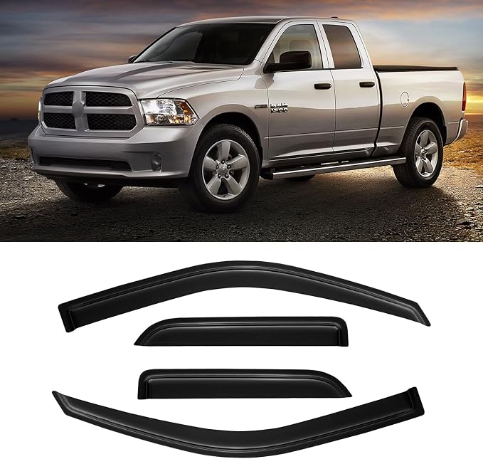 Rain Guards for 2009-2018 Dodge Ram 1500 Quad Cab/Extended Cab, Window Visor Shields Vent Deflector Shade Wind Dark Smoke for 19-24 Ram 1500 Classic Quad Cab, 4PCS, Out-Channel