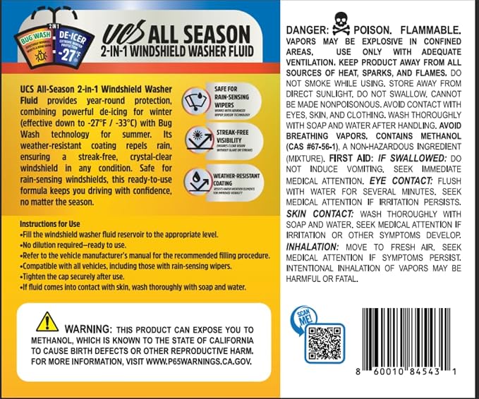 Advanced All-Season Windshield Washer Fluid -27°F, Water Repellent Technology, Powerful Bug Remover, Streak-Free Cleaning, Ready-to-Use RTU, 1 Gallon
